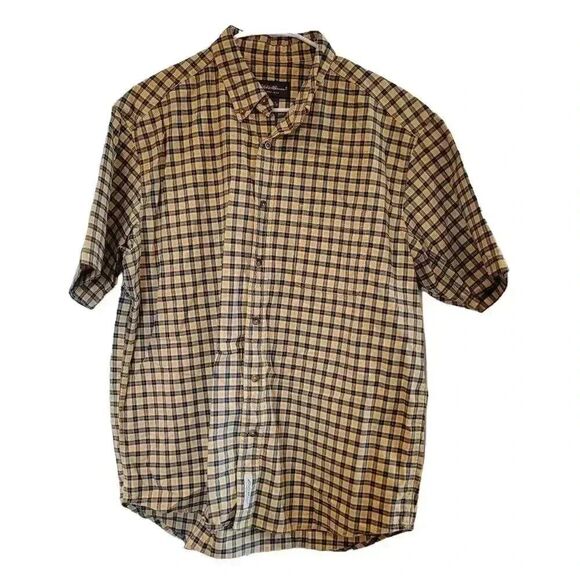 𝅺Eddie Bauer Men's Yellow/Blue Mini Plaid Short Sleeve - Picture 1 of 10